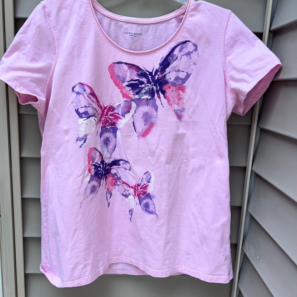 Laura Scott Womens Pink Butterfly Graphic T-Shirt Short Sleeve Crew Neck Large